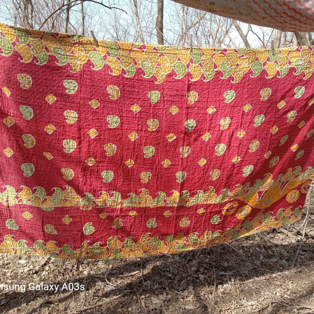 Kantha Quilt Red Marigold Green Premium 51" x 82 " 3 Layer Cotton K146.